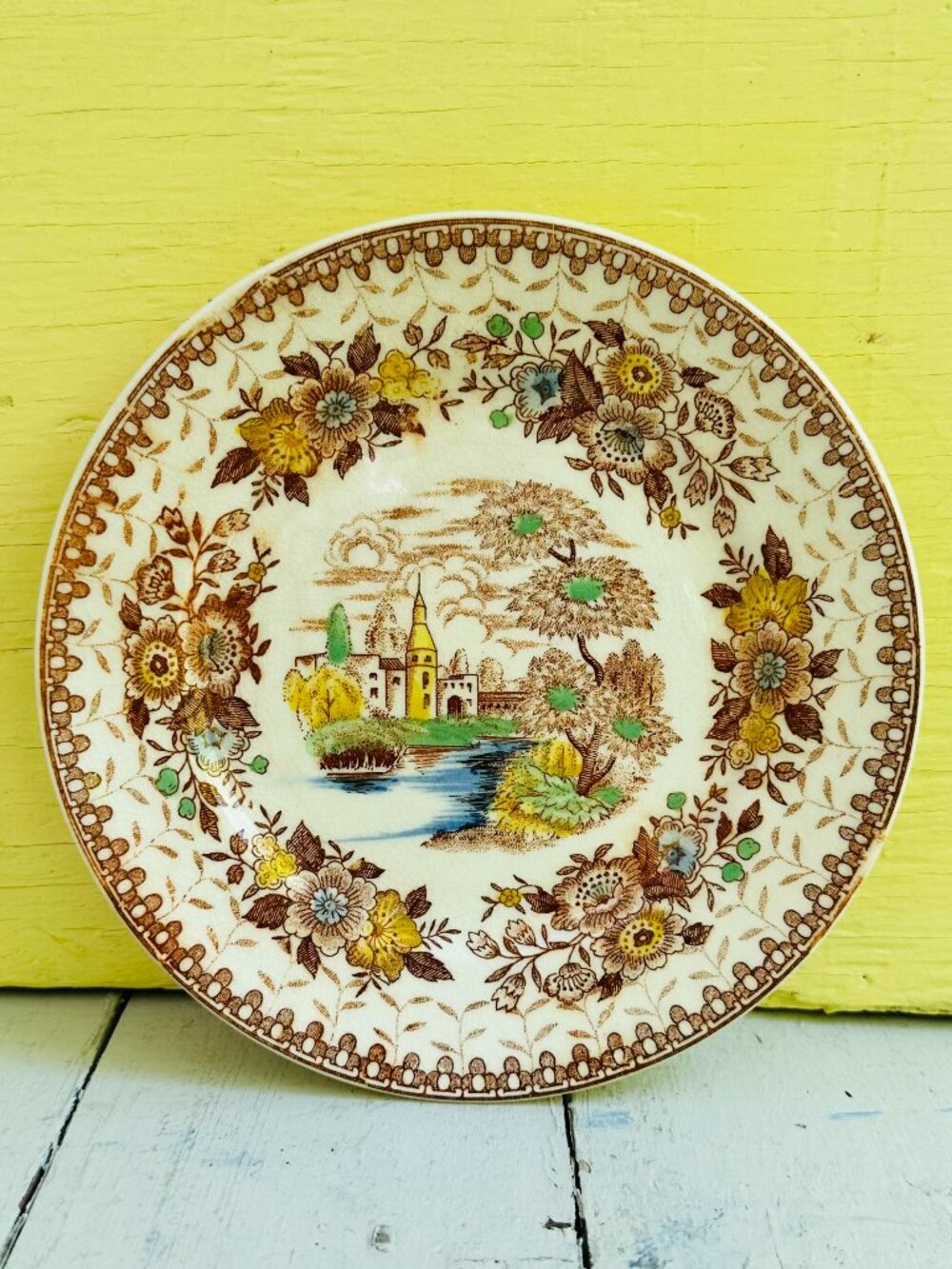 Vintage Cottagecore Floral Plate Brown Transferware Style English Countryside